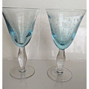 Artland Handblown Clear/Blue Wine Glass Goblets Forced Bubbles 8" Set of 2
